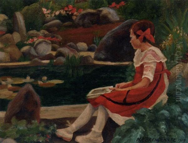 A Young Girl Seated By A Pond Oil Painting by Hans Andersen Brendekilde