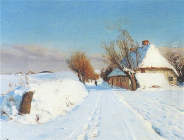 Vinterlandskab Med Hus Ved Vej Oil Painting by Hans Andersen Brendekilde