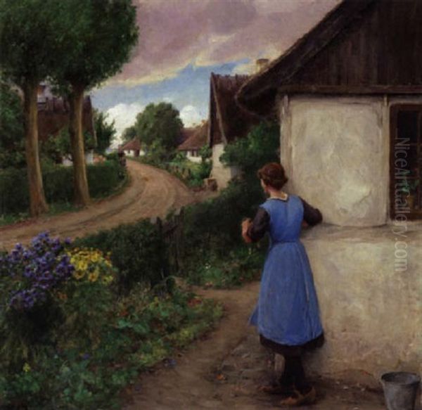 Landsbygade Med Pige, Der Holder Udkig Ved Et Hushjorne Oil Painting by Hans Andersen Brendekilde