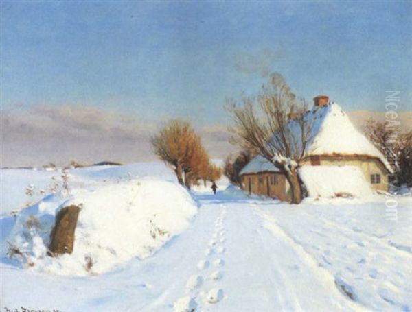 Vinterlandskab Med Hus Ved Vej Oil Painting by Hans Andersen Brendekilde