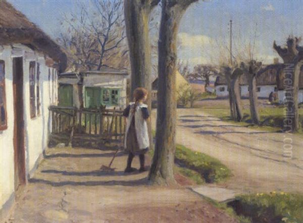 Uden For Et Gammelt Hus I Hjembaek Oil Painting by Hans Andersen Brendekilde