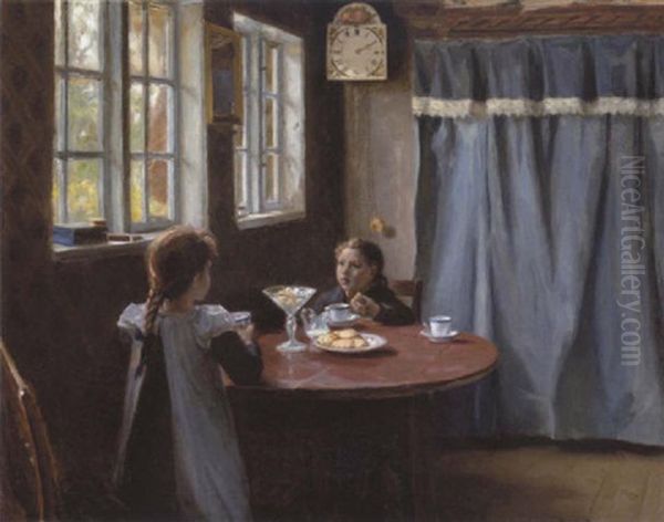 Besog Hos Bedstemor. To Smapiger Ved Kagebordet Oil Painting by Hans Andersen Brendekilde