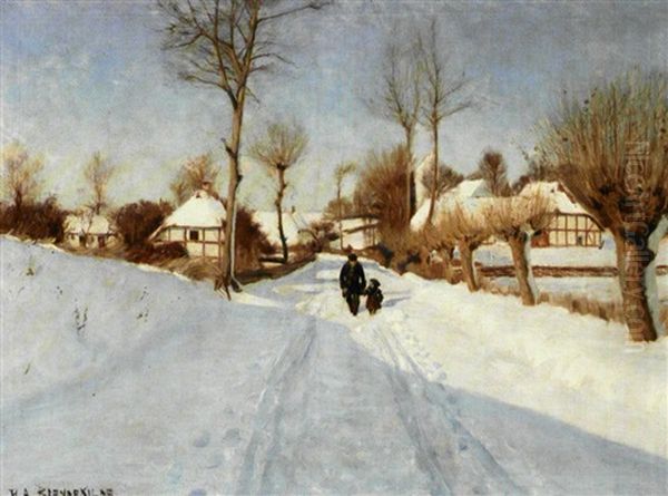 Gammel Mand Og Lille Pige Mellem Strataekte Huse Oil Painting by Hans Andersen Brendekilde