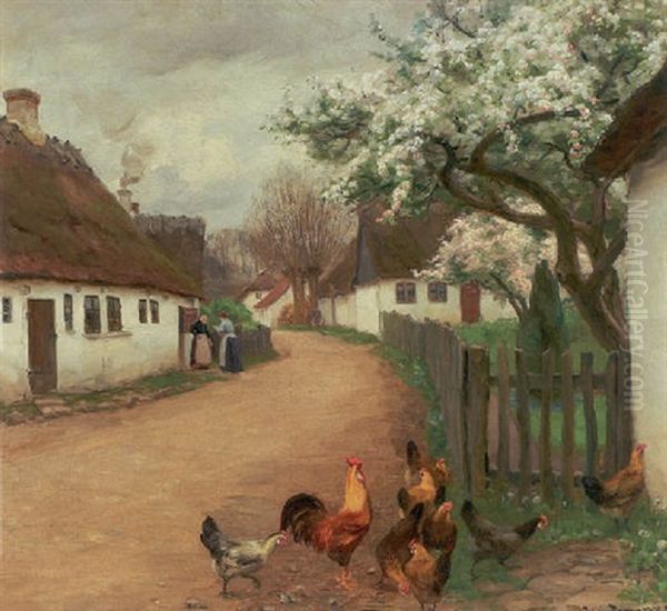 Landsbyparti Med To Kvinder I Samtale, I Forgrunden Hons Oil Painting by Hans Andersen Brendekilde