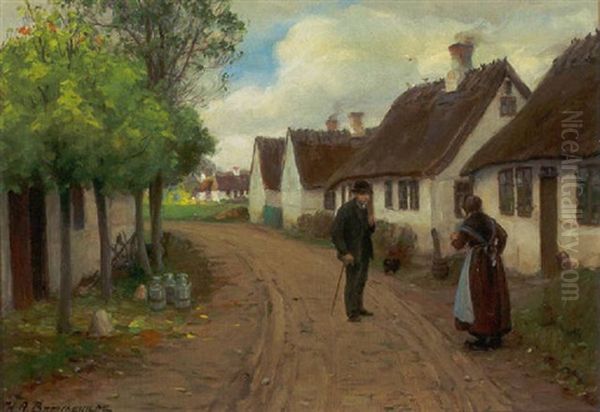 Parti Fra Jyllinge Med Aeldre Kone Og Herre I Samtale Oil Painting by Hans Andersen Brendekilde