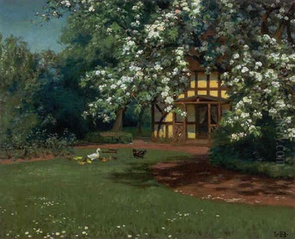 Haveparti Med Aender Under Blomstrende Traeer Oil Painting by Hans Andersen Brendekilde