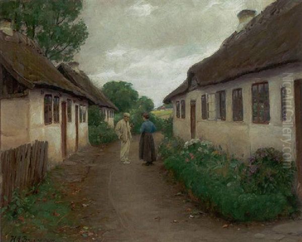 Kvinde Og Piberygende Mand I Samtale Foran Strataekt Hus, I Forgrunden Blomstrende Bede Oil Painting by Hans Andersen Brendekilde