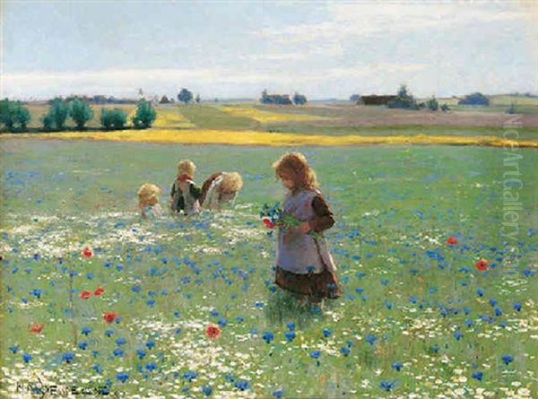 Der Plukkes Kornblomster Og Valmuer Oil Painting by Hans Andersen Brendekilde