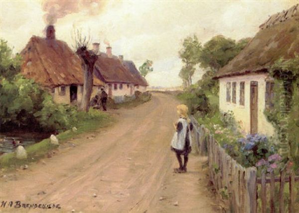 Landsbygade I Jyllinge Med Lille Pige Ved Lagen Oil Painting by Hans Andersen Brendekilde