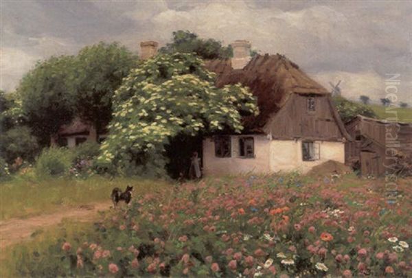 Bondehus Med Blomstrende Hyld Og Lille Pige Og Hund Pa En Sti Oil Painting by Hans Andersen Brendekilde