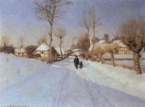 Landsby I Vinterlandskab Med Gaende Mand Og Lille Pige Oil Painting by Hans Andersen Brendekilde