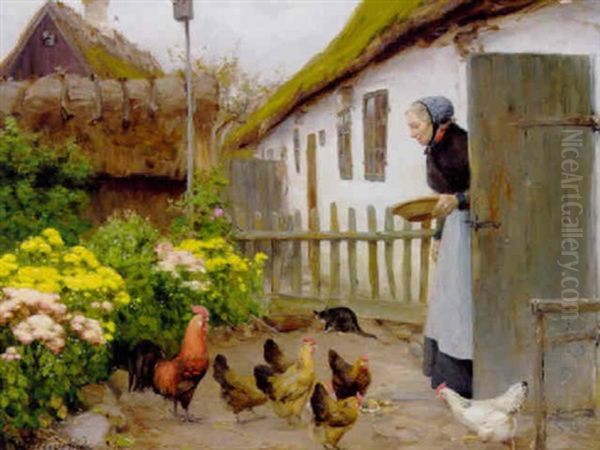 Honsene Fodres Oil Painting by Hans Andersen Brendekilde