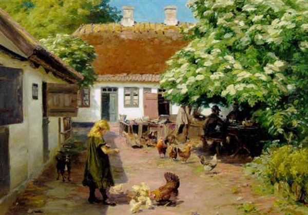 Lille Pige Fodrer Kyllinger Pa Gardspladsen, To Maend Nyder Frokosten Under En Blomstrende Hyld Oil Painting by Hans Andersen Brendekilde