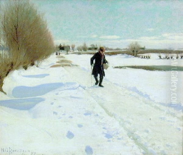 Solbelyst Vinterlandskap Med Promenerande Man Oil Painting by Hans Andersen Brendekilde