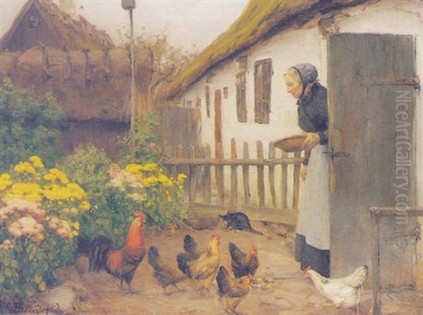 Honsene Fodres Oil Painting by Hans Andersen Brendekilde