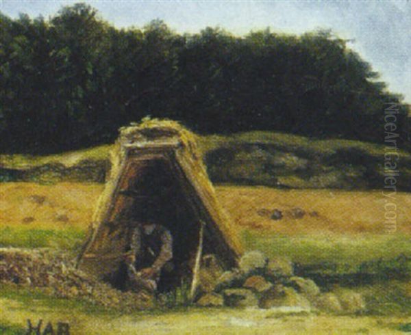 Landskab Med Stenhugger Siddende I Lae For Vejret Oil Painting by Hans Andersen Brendekilde