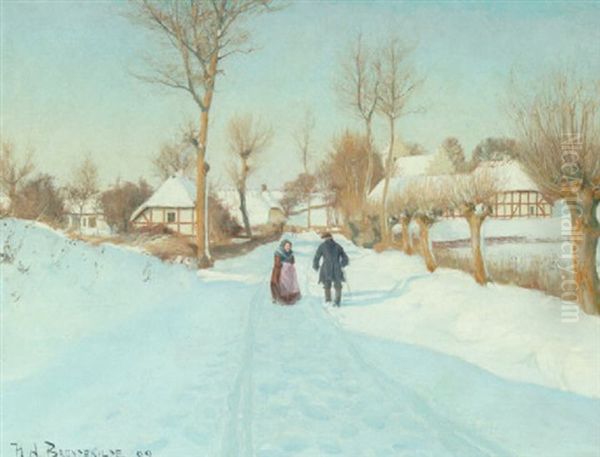 Vinterlandskab, De Gamle Far Sig En Snak Pa Vejen Oil Painting by Hans Andersen Brendekilde