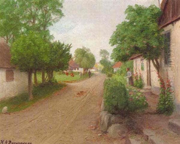 Landsbygade Med Bondekone Og Stokroser Oil Painting by Hans Andersen Brendekilde