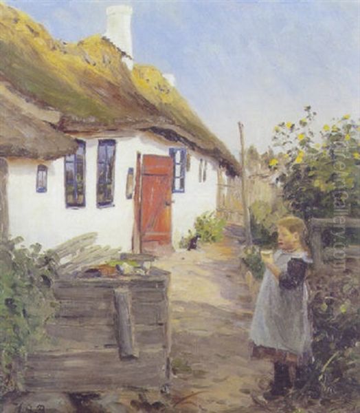 Lille Pige Ved Et Strataekt Hus Oil Painting by Hans Andersen Brendekilde