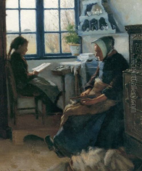 Interior Med Kvinna Och Lasande Flicka Vid Fonstret Oil Painting by Hans Andersen Brendekilde