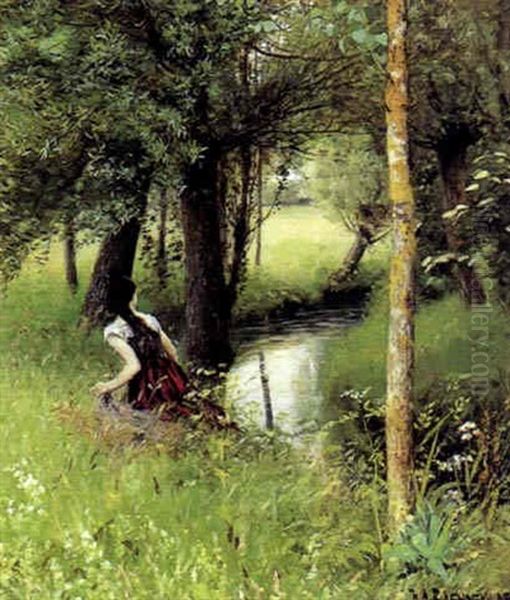 Alob I Skoven Med Ung Pige I Sivene Oil Painting by Hans Andersen Brendekilde