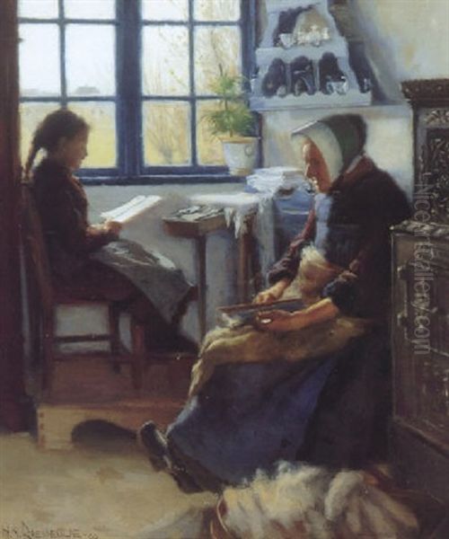 Interior Fra En Bondestue Med Pige Der Laeser Lektier, Og Kone Der Karter Uld Oil Painting by Hans Andersen Brendekilde