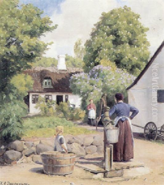 Sommerdag Bag En Strataekt Gard, I Forgrunden Mor Og Barn Ved Bronden, I Baggrunden Blomstrende Kastanjer Og Syrener Oil Painting by Hans Andersen Brendekilde