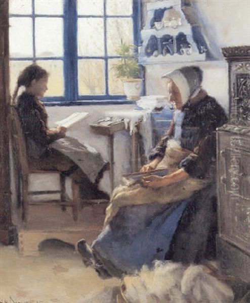 Interior Fra En Bondestue Med En Kone, Der Karter Uld Og En Pige, Der Laeser Lektier Oil Painting by Hans Andersen Brendekilde