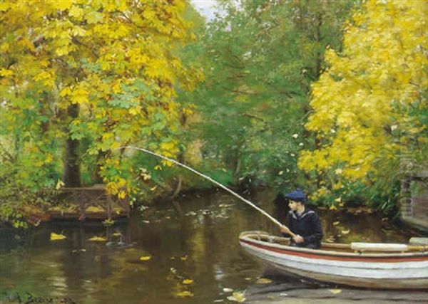 Alob Gennem Skov Med Lille Dreng I Matrostoj Siddende I Robad Med En Fiskestang Oil Painting by Hans Andersen Brendekilde