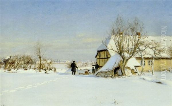 Vinterlandskab Med En Bondegard, Der Vises Vej Oil Painting by Hans Andersen Brendekilde