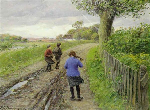 Born Pa En Landevej En Blaesende Sensommerdag Oil Painting by Hans Andersen Brendekilde