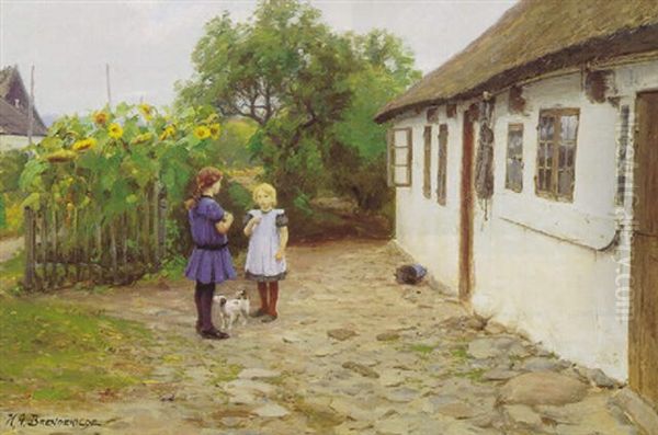 Landsbyidyl Med Born Og Hund Ved Bondehus, I Baggrunden Solsikker Oil Painting by Hans Andersen Brendekilde