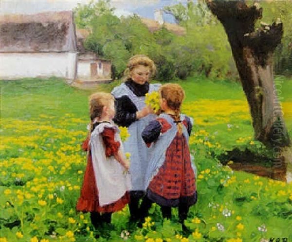 Flickor Pa Blomsterang Oil Painting by Hans Andersen Brendekilde