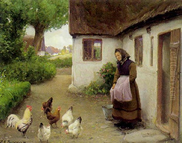 Hons Udenfor Et Bondehus Oil Painting by Hans Andersen Brendekilde