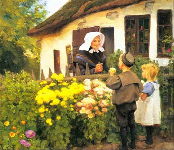 Born Og Kone I Snak Ved Et Strataekt Hus Oil Painting by Hans Andersen Brendekilde