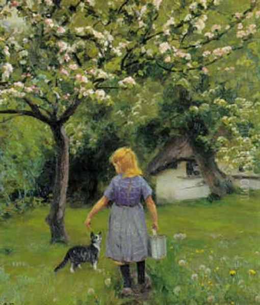 En Lille Pige Med En Kat Og Maelkespand I Haven Med De Nyudsprugne Aebletraeer Oil Painting by Hans Andersen Brendekilde