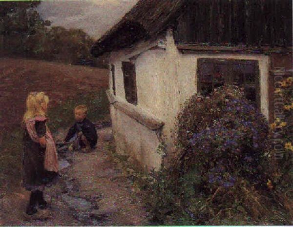 Lille Pige Og Dreng, Der Leger Udfor Bondehus, I Forgrunden Blomstrende Buske Oil Painting by Hans Andersen Brendekilde