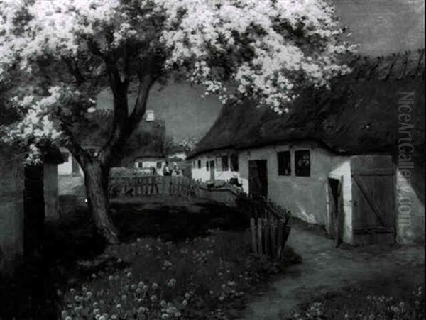 Farmscene With Cottages, Figures And Flowering Apple Tree Oil Painting by Hans Andersen Brendekilde