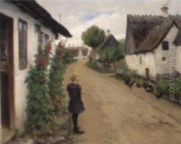 Landsbyidyl Med Ung Pige I Bla Kjole Oil Painting by Hans Andersen Brendekilde