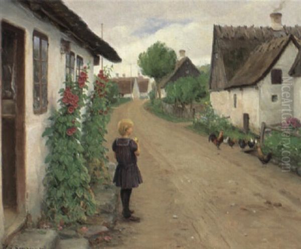 Landsbyidyl Med Ung Pige I Bla Kjole Oil Painting by Hans Andersen Brendekilde