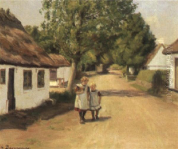 Landsbygade Med To Sm+ Born Oil Painting by Hans Andersen Brendekilde