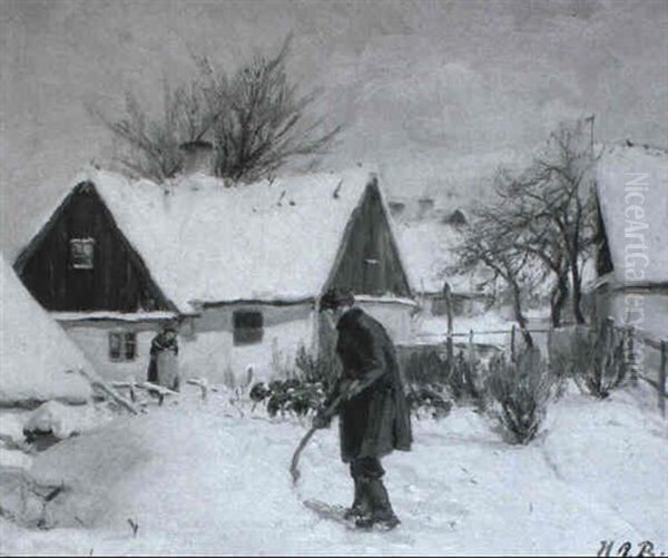 Mand Bag Ved En Str+taekt G+rd, Vinter Oil Painting by Hans Andersen Brendekilde