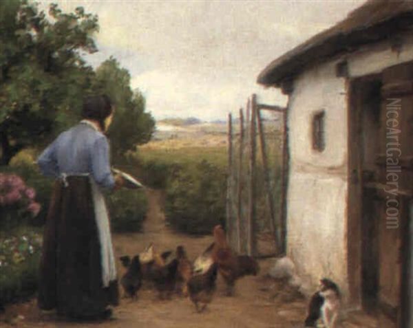 Feeding The Chickens Oil Painting by Hans Andersen Brendekilde