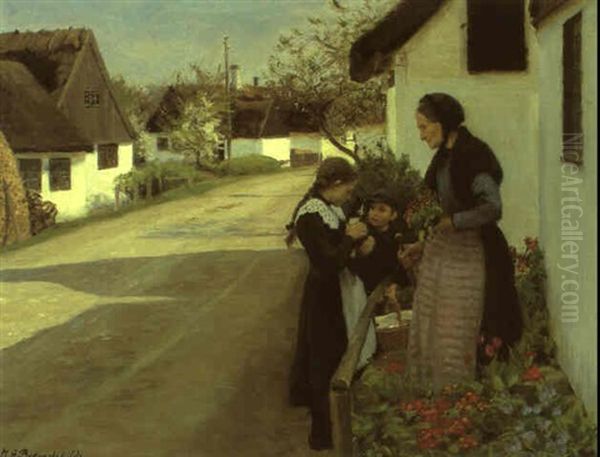 Gammel Kone Og To Sma Barn Udenfor Bondehus Oil Painting by Hans Andersen Brendekilde