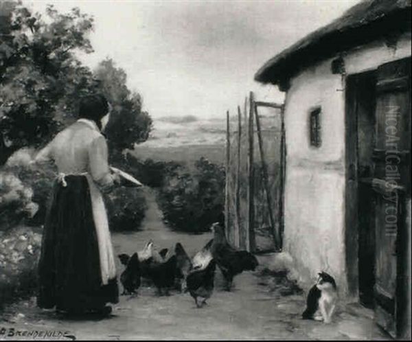 Feeding The Chickens Oil Painting by Hans Andersen Brendekilde