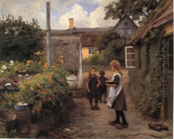 Sommerdag I Landsbyen, I Forgrunden Barn Med Maelkefad Oil Painting by Hans Andersen Brendekilde