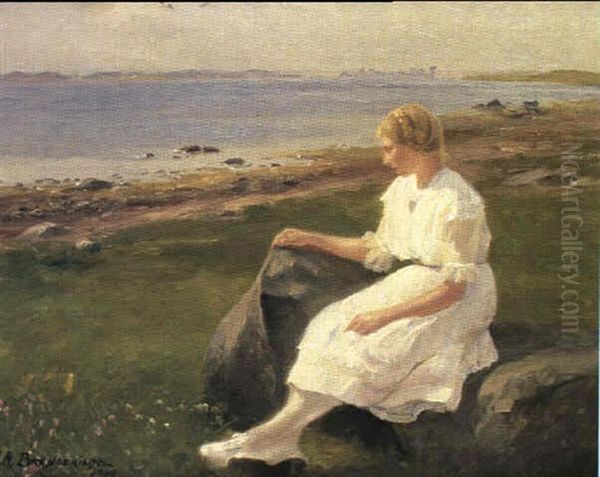 Kunstnerens Niece Elisabeth Koschel Pa Stranden Ved Jyllinge Oil Painting by Hans Andersen Brendekilde