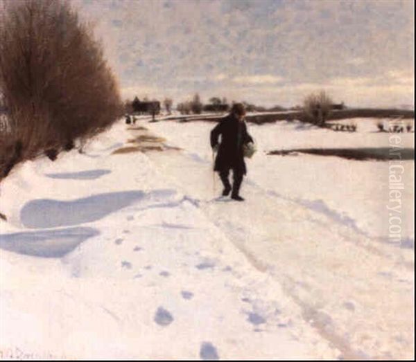 Vinterlandskap Med Promenerande Man Oil Painting by Hans Andersen Brendekilde