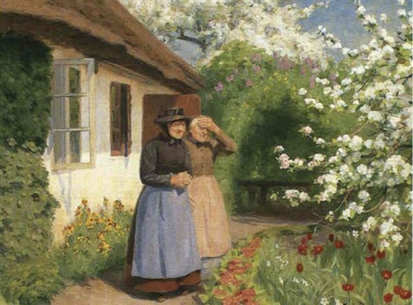 To Bondekoner Staende I Solskin Ved Et Strataekt Bondehus   Omgivet Af Blomster Og Blomstrende Frugttraeer Oil Painting by Hans Andersen Brendekilde