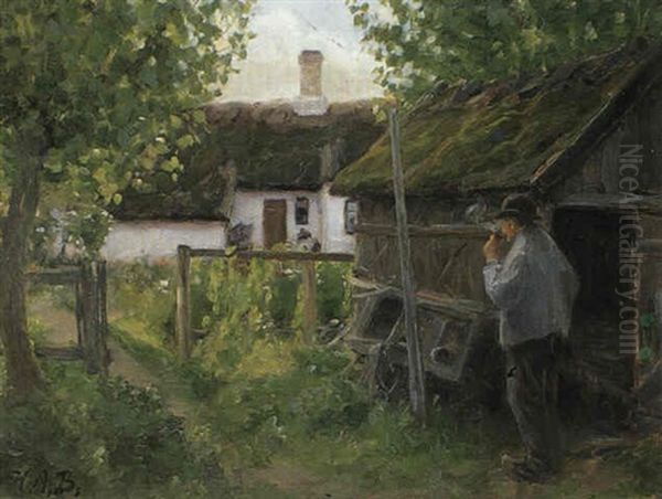 Gammel Mand Der Ryger En Pibe Tobak, Parti Fra Jyllinge Oil Painting by Hans Andersen Brendekilde